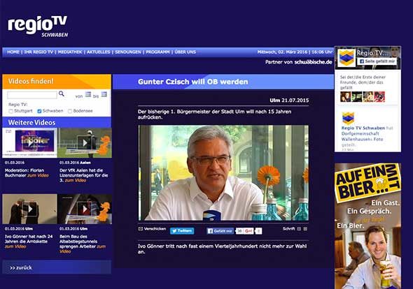 Screenshot der Website regio.tv mit Beitrag über Gunter Czisch