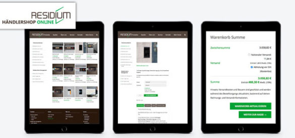 Drei Tablets präsentieren den Händlershop auf der responsiven Website von Residium