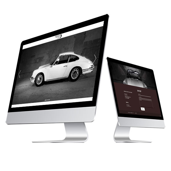 Zwei iMacs zeigen die responsive Website von European Vintage Cars