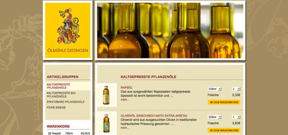 Screenshot der Website mit Onlineshop der Ölmühle Ditzingen